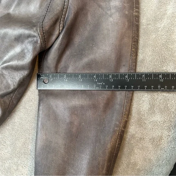 Women's Brown Leather Bomber Jacket with Ribbed Cuffs and Waistband - Picture 14 of 16